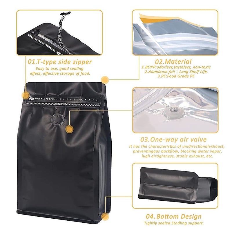 REMTAP Coffee Bags with Valve(50 pcs,16 oz/1 lb) Black High Barrier Aluminum Foil Flat Bottom Standing Empty Coffee Beans Storage Bag,Reusable Heat Sealable Side Zipper Pouches for Home or Store - Image 3